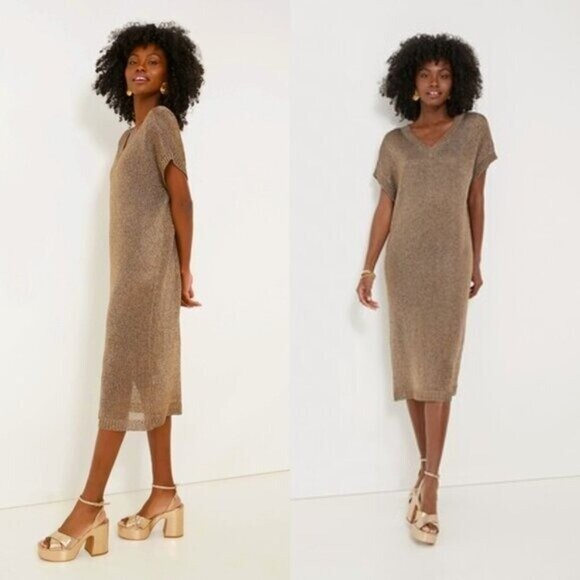 Tuckernuck Bronze Metallic Knit Mesh V Neck Short Sleeve Midi Dress Size M